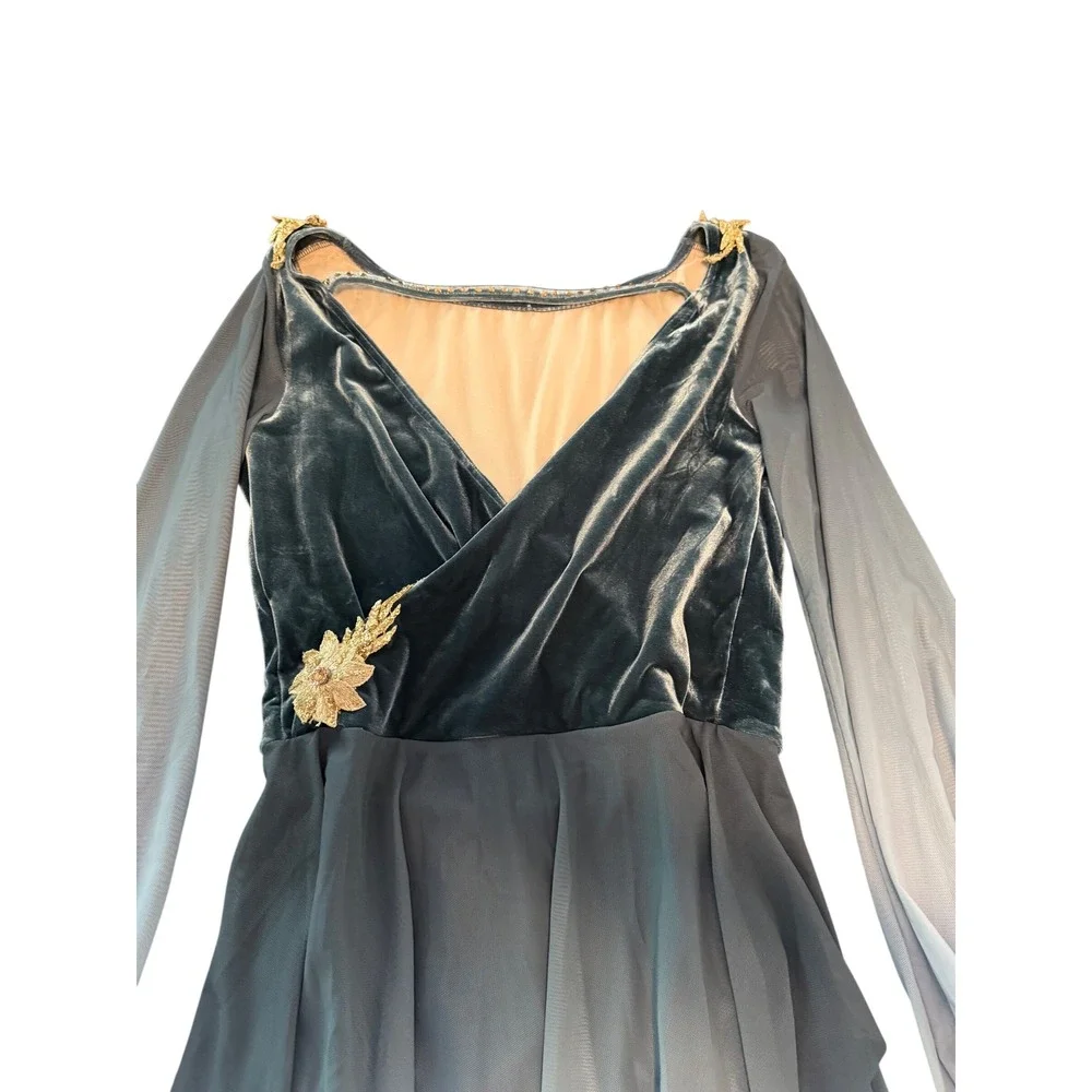 Weissman Lyrical Dance Costume Teal Blue Velvet Ombre Mesh Gold Floral 13369 LA